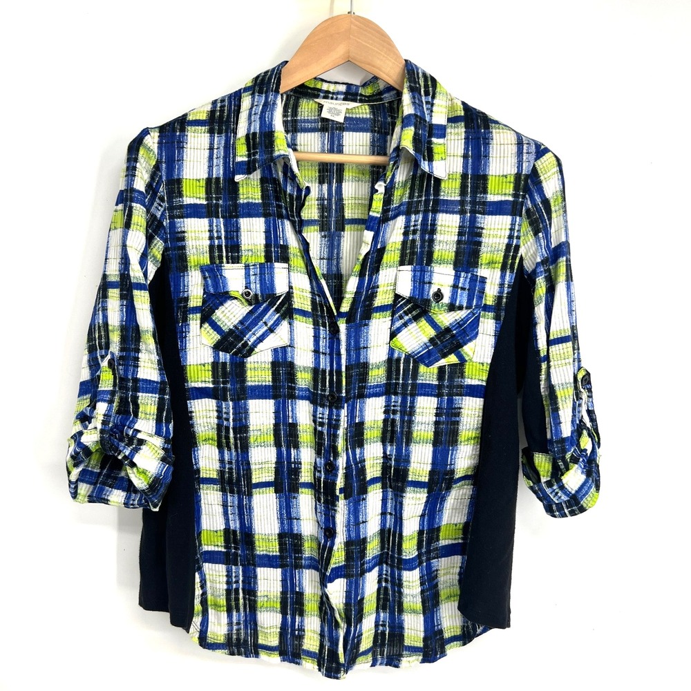 Maurices Plaid Button Up Shirt Top Womens Size XL Blue Green Roll Tab Sleeve